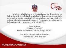 Acredita ante el CACEI A.C., la Licenciatura en Ingeniería en Teleinformática del CU Costa Sur